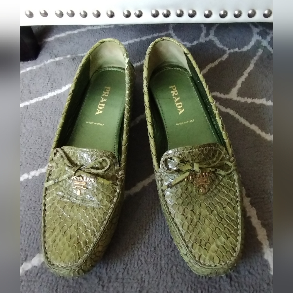 Prada Green Snake Embossed Leather Driving Loafers